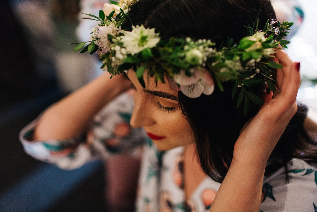 bride wearing a flower crown