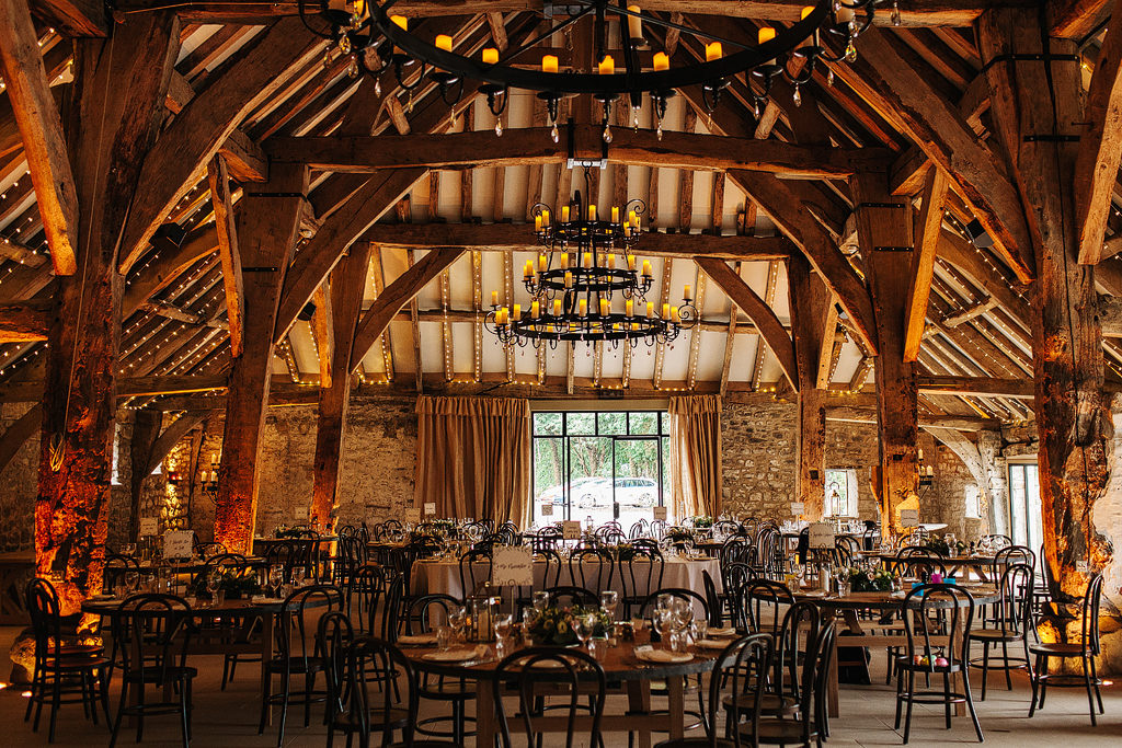 tithe barn at bolton abbey dressed for a wedding