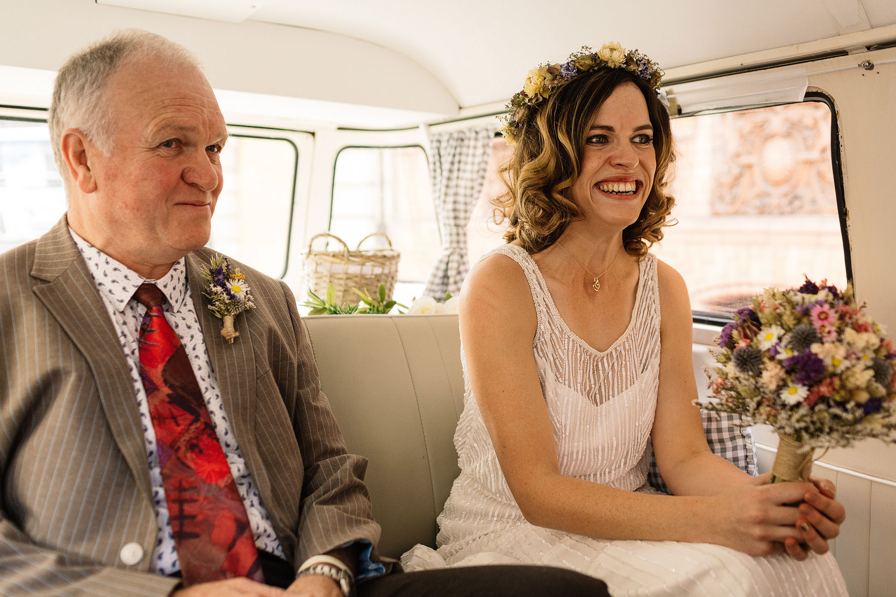 bride in a campervan transport for a leeds wedding