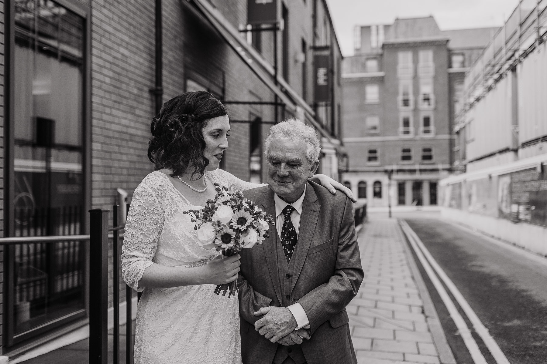 emotional dad and bride in leeds before town hall wedding