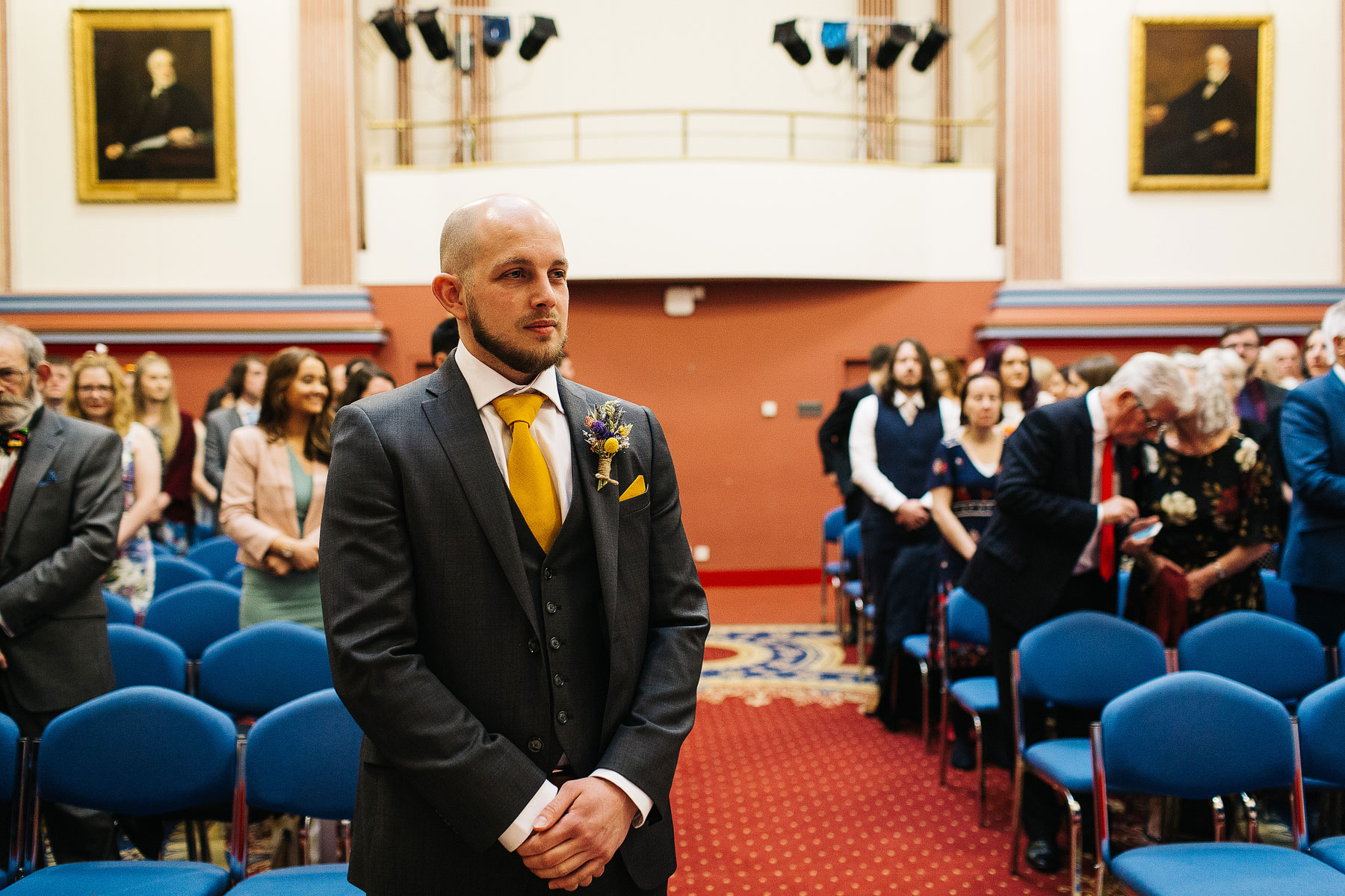 groom at his wedding in leeds at the civic hall