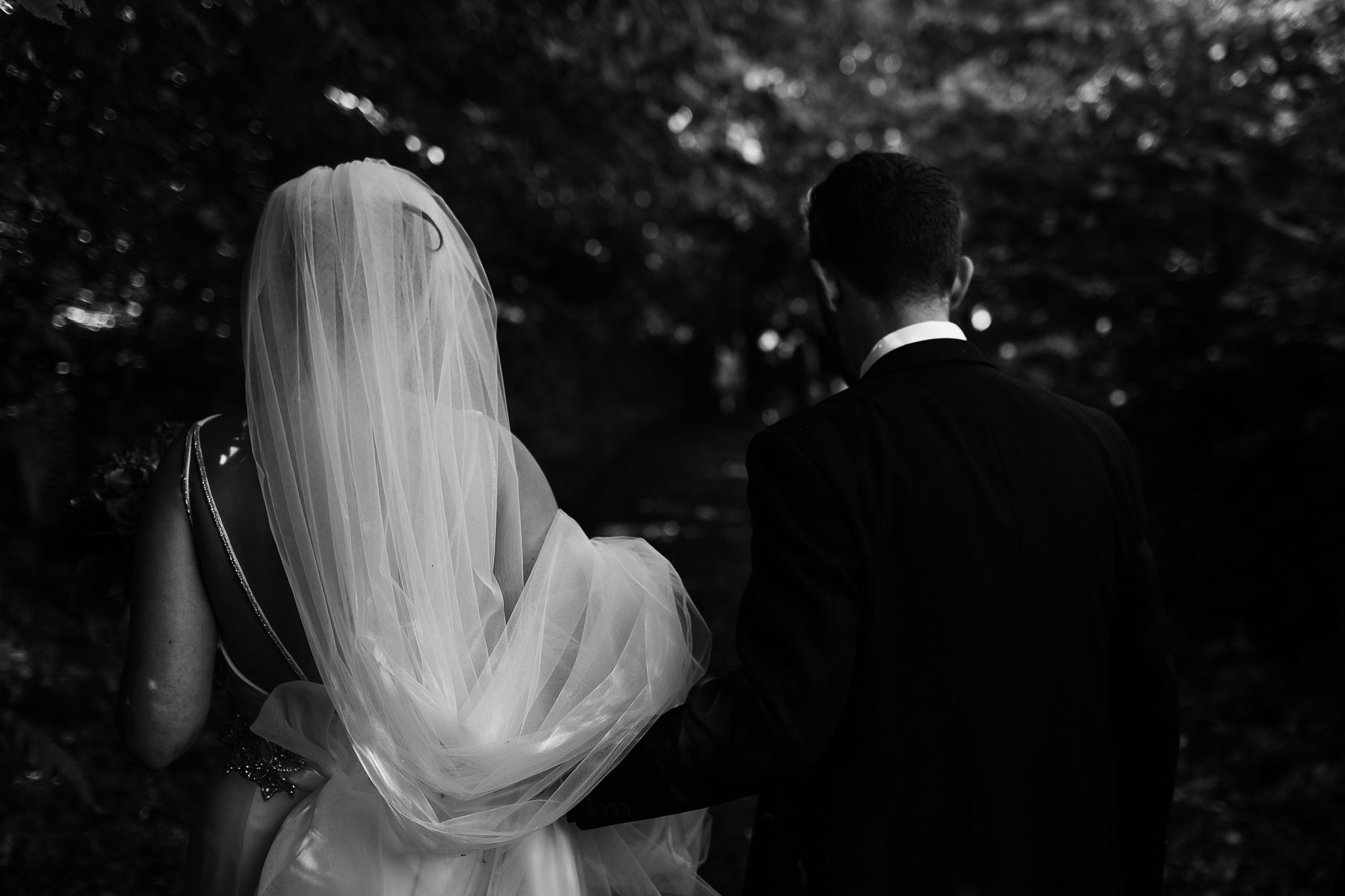 black and white image of a bride and groom from behind