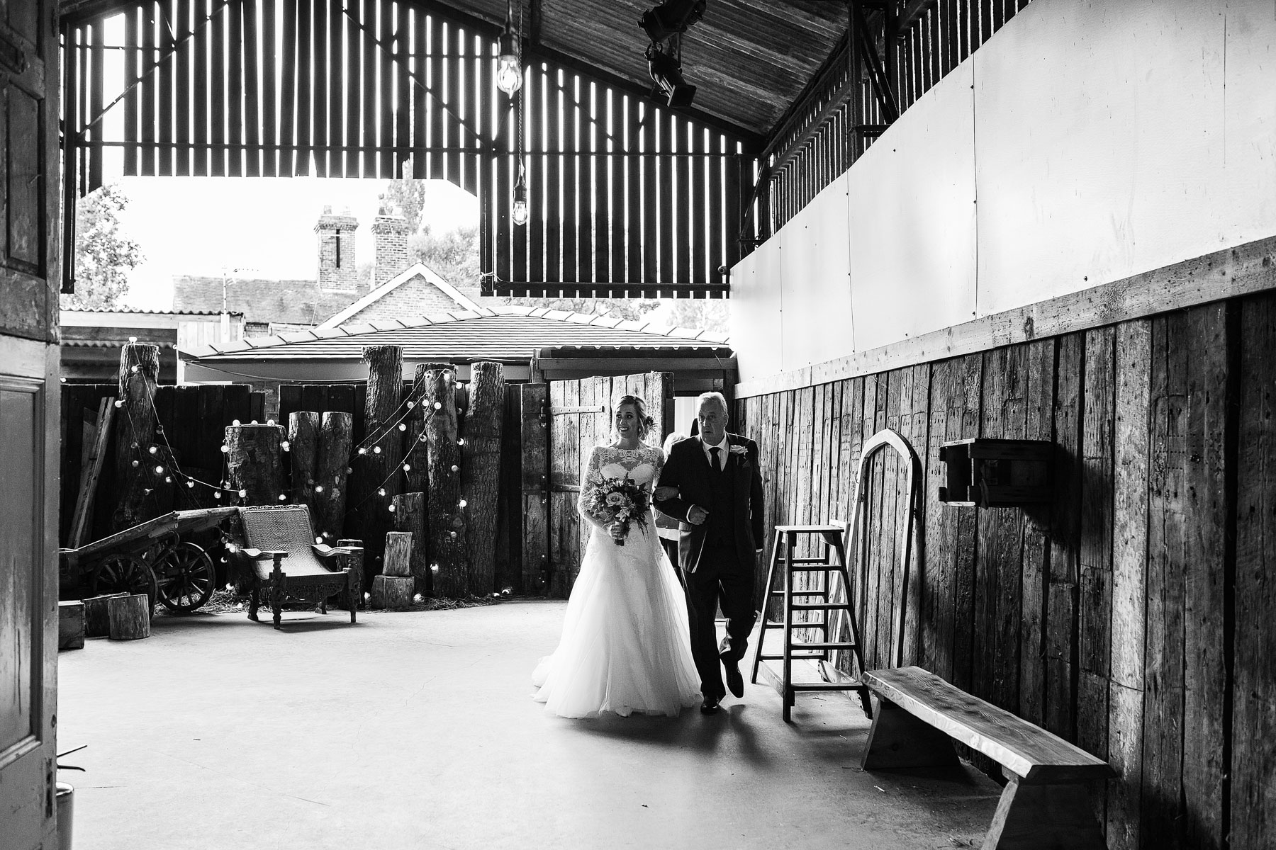 bride about to get married in manchester at a barn weddin venue