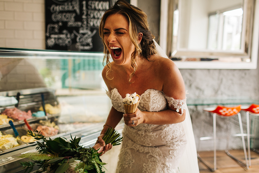 bride laughing eating ice cream at bowland brewery