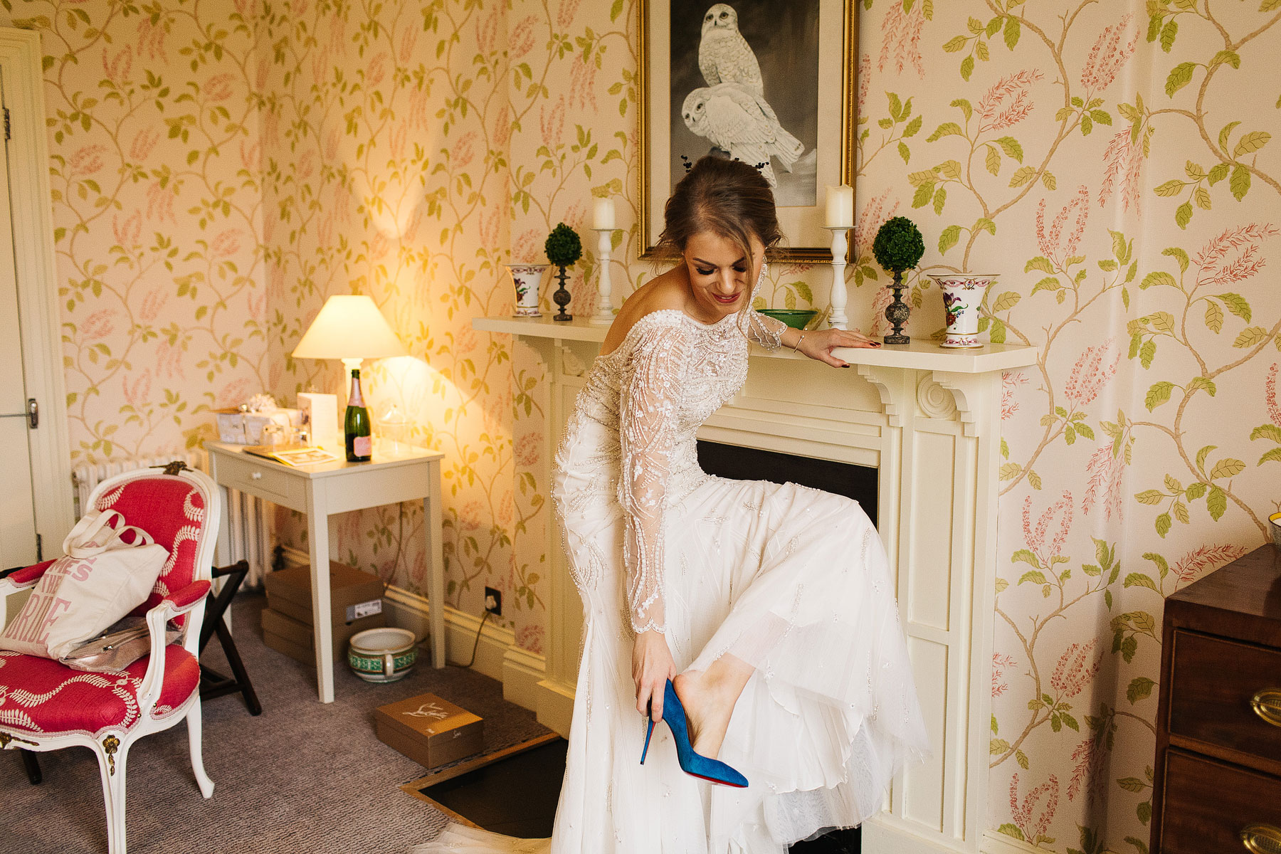 bride wearing blue shoes for her lake district wedding