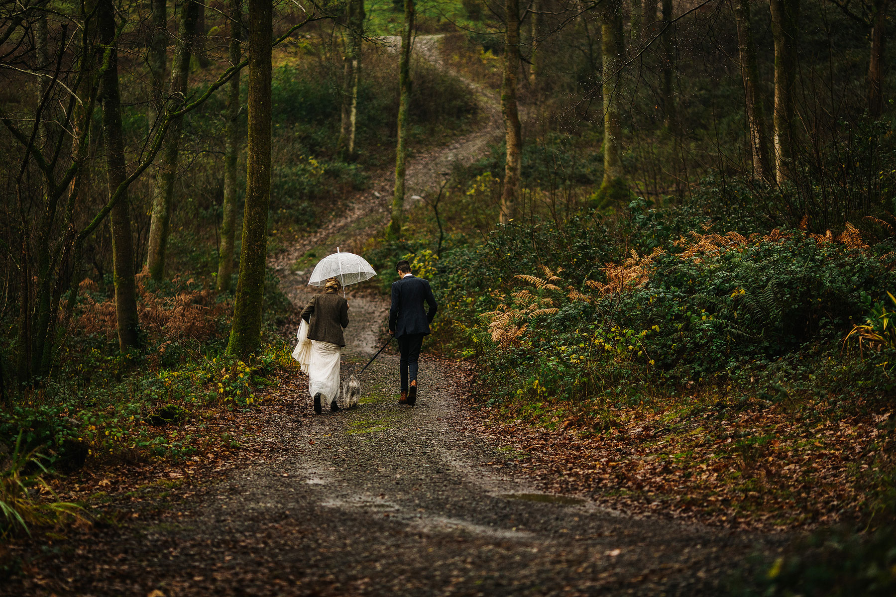 bride and groom walking through the woods on their wedding day