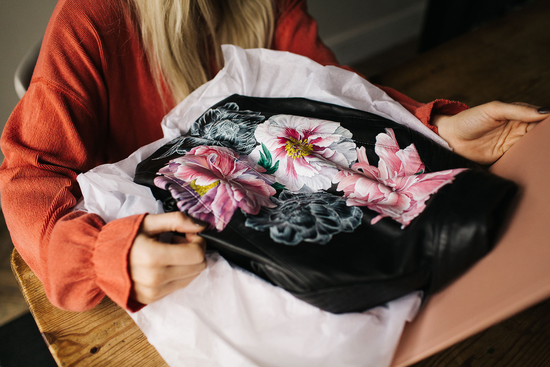 hand painted roses on a leather wedding jacket