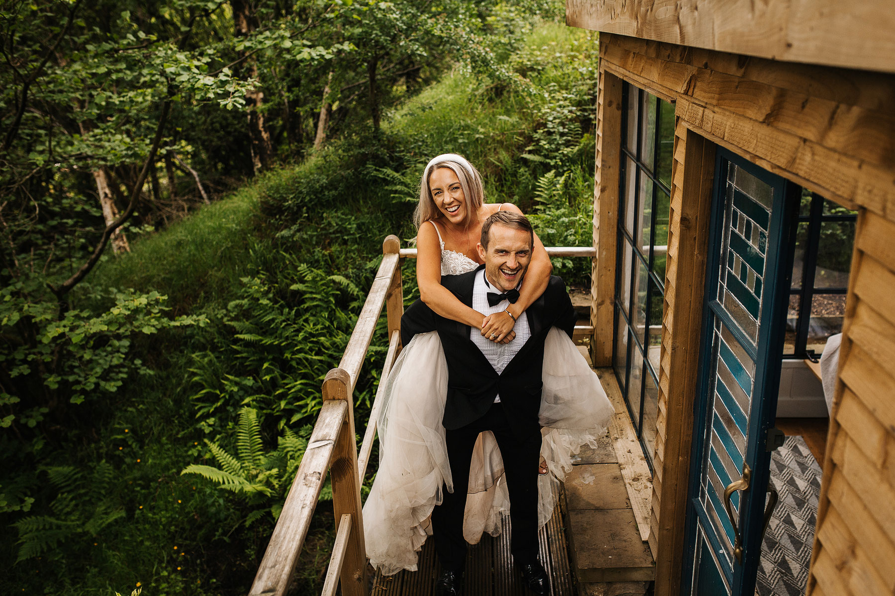 bride and groom at falling water in haworth