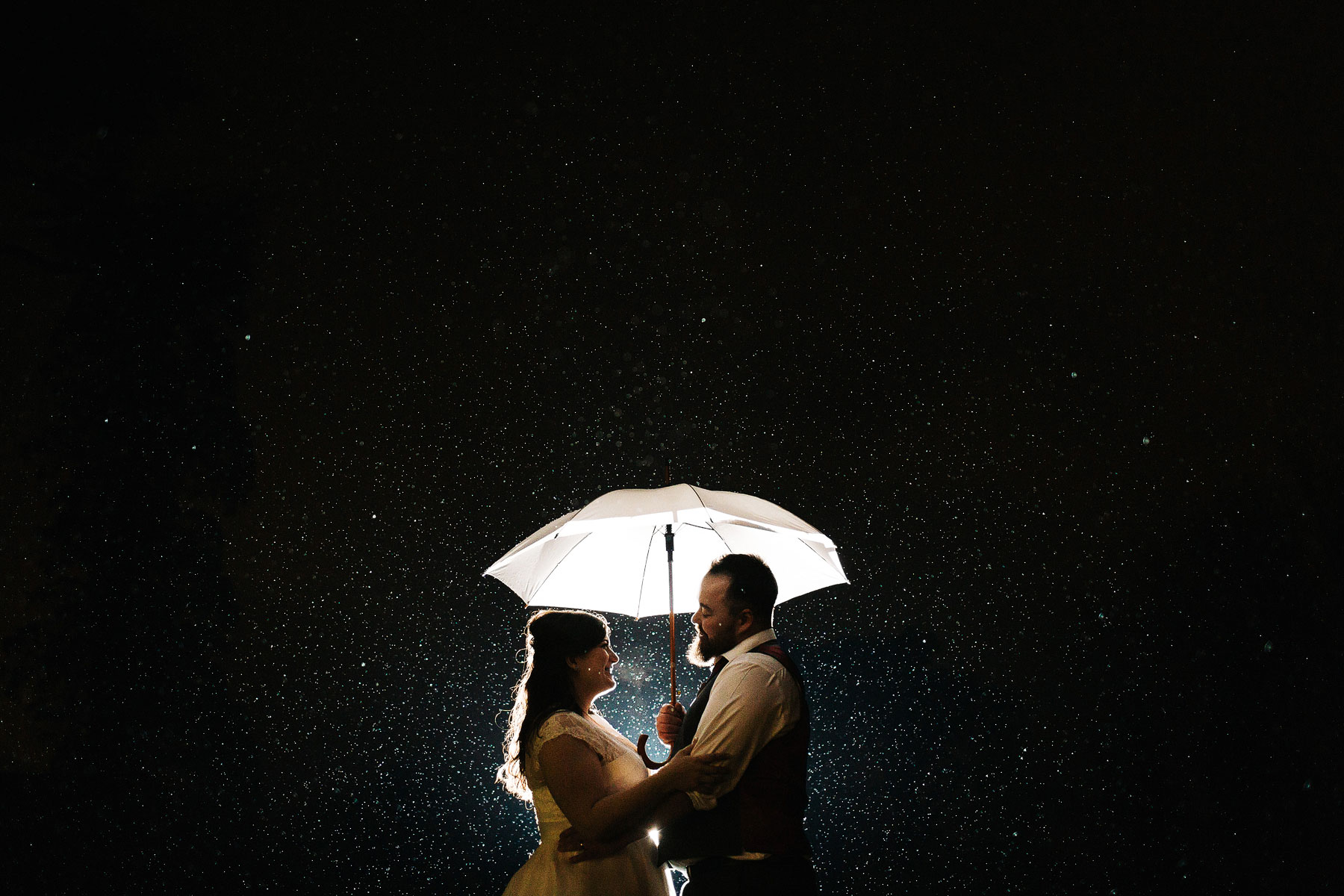 bride and groom in the rain on their wedding day in the south of england