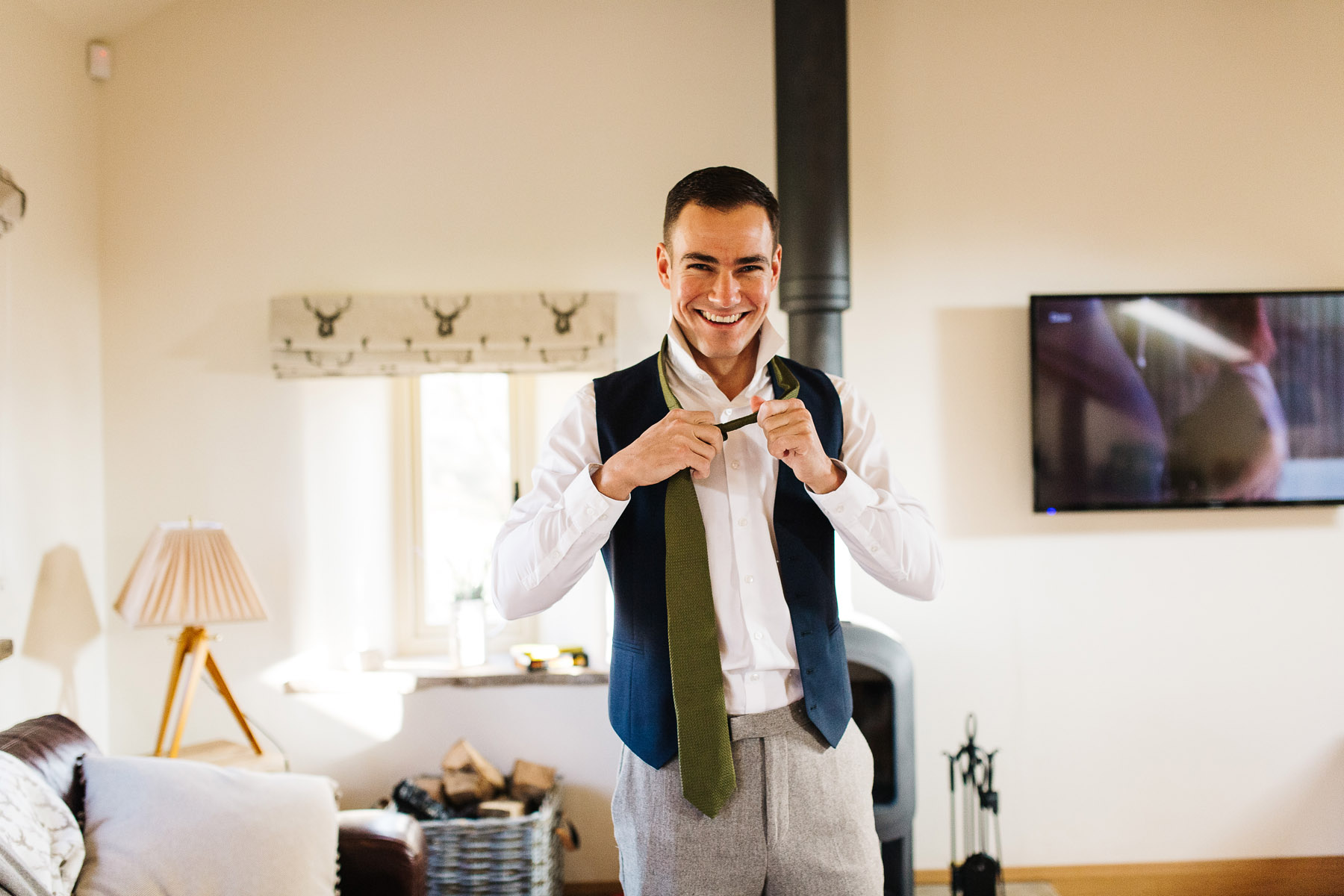 Autumn Wedding at Browsholme Hall Groom getting ready