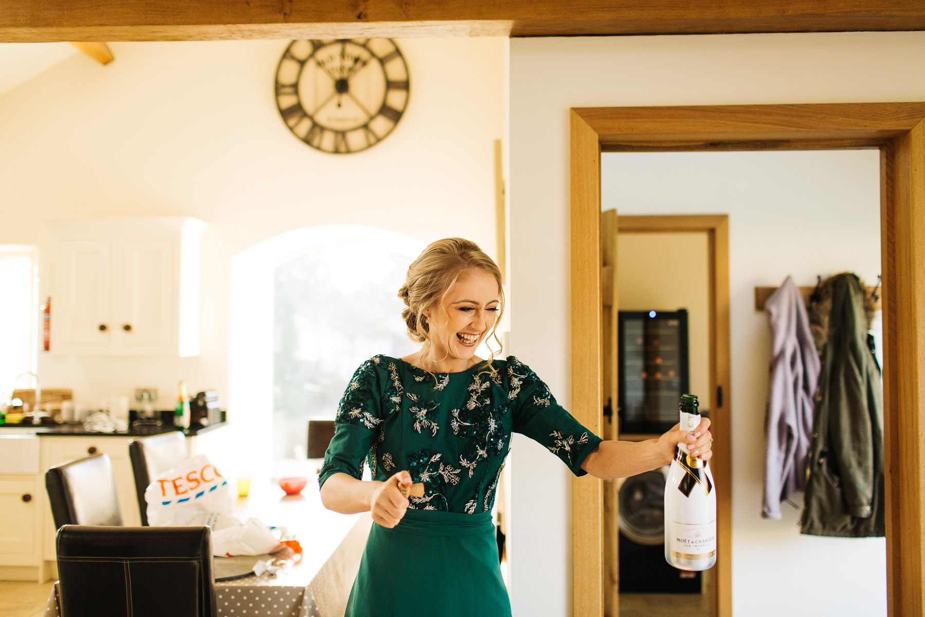 Laughing Bride wearing Forest Green 