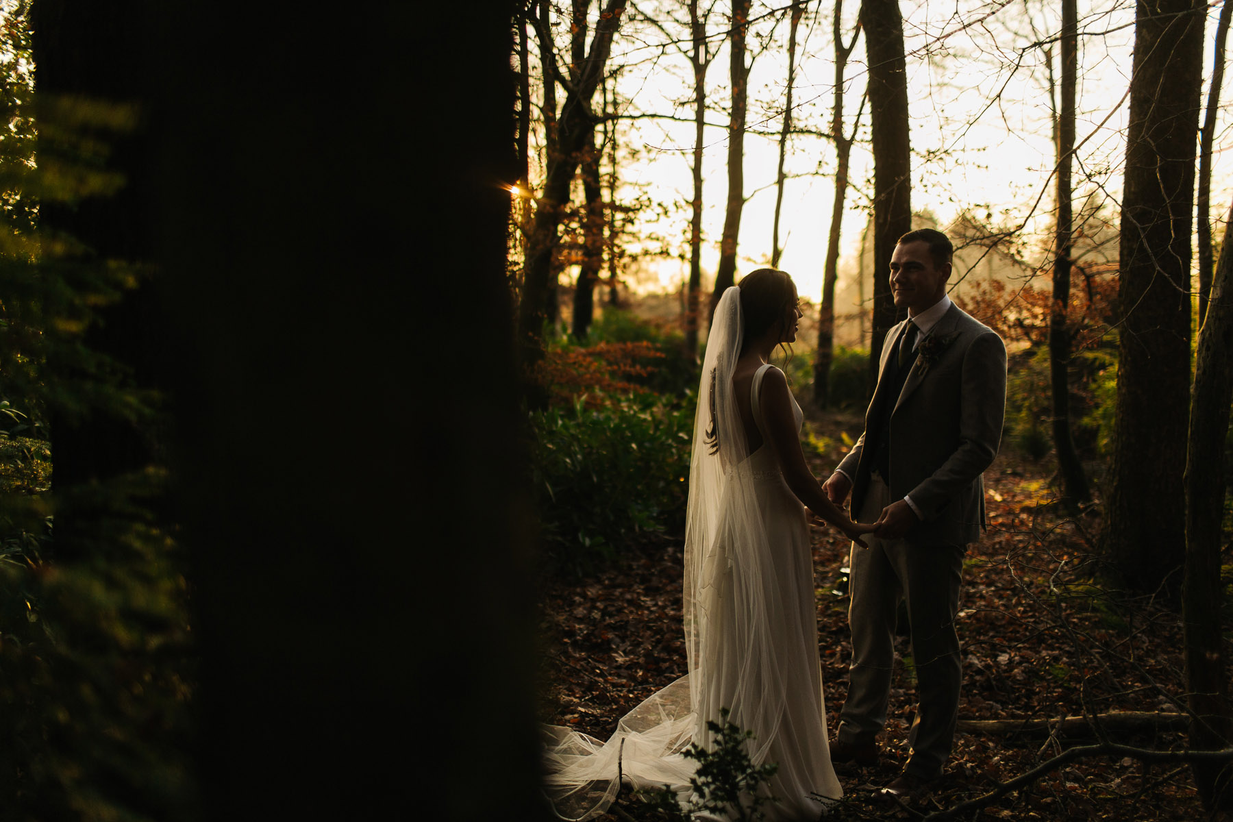 Bride and groom in the Autumn Light at Browsholme Hall 