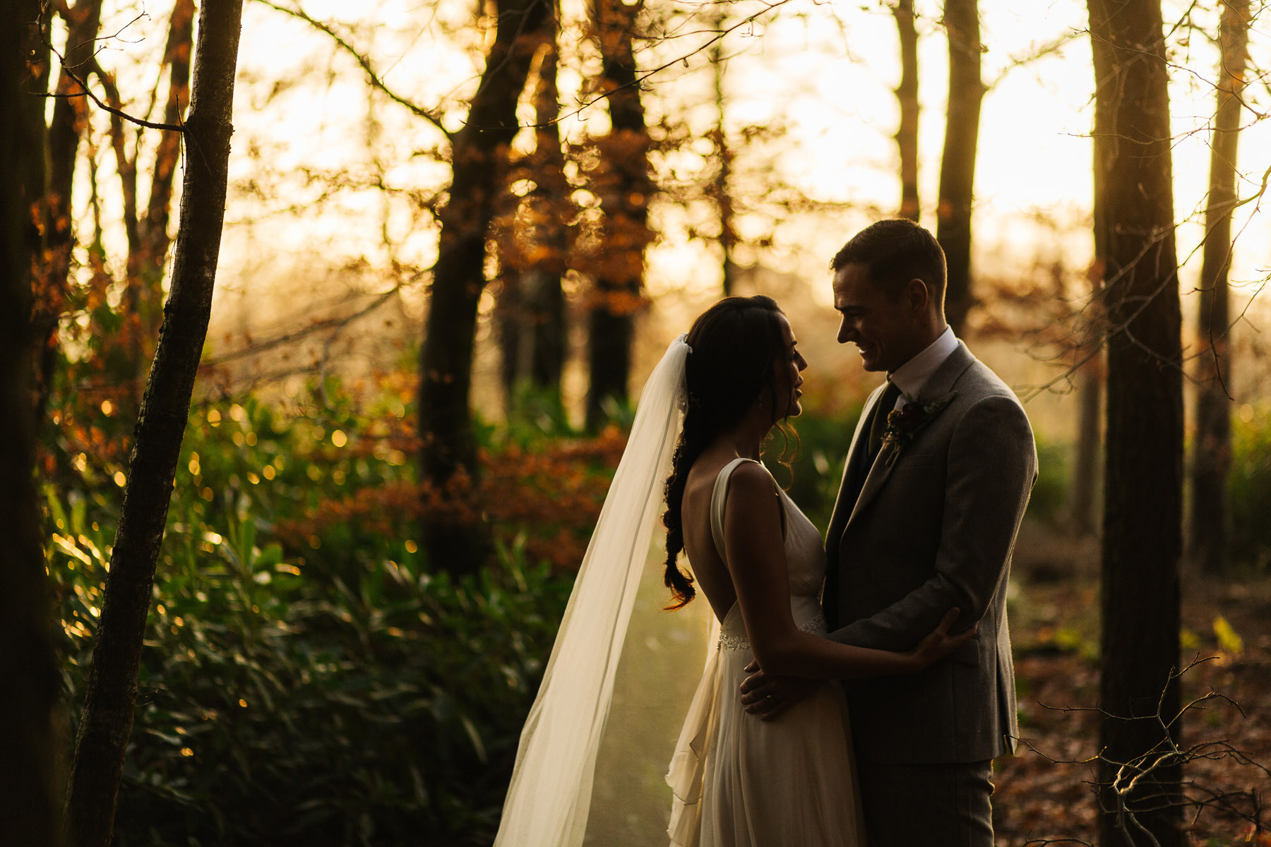Casual and Informal Bride and groom in the sunset in Autumn 