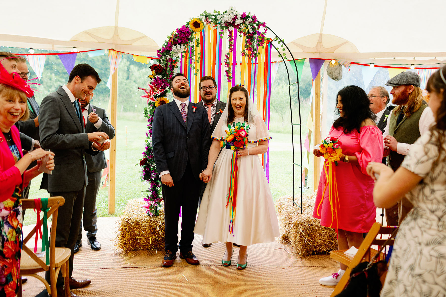 colourful wedding at baxby manor in a marquee