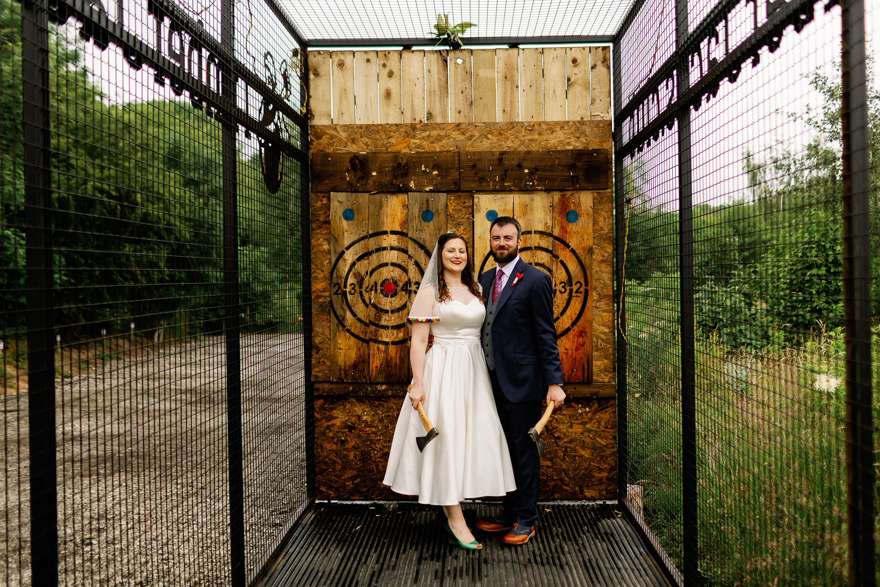 bride and groom axe throwing