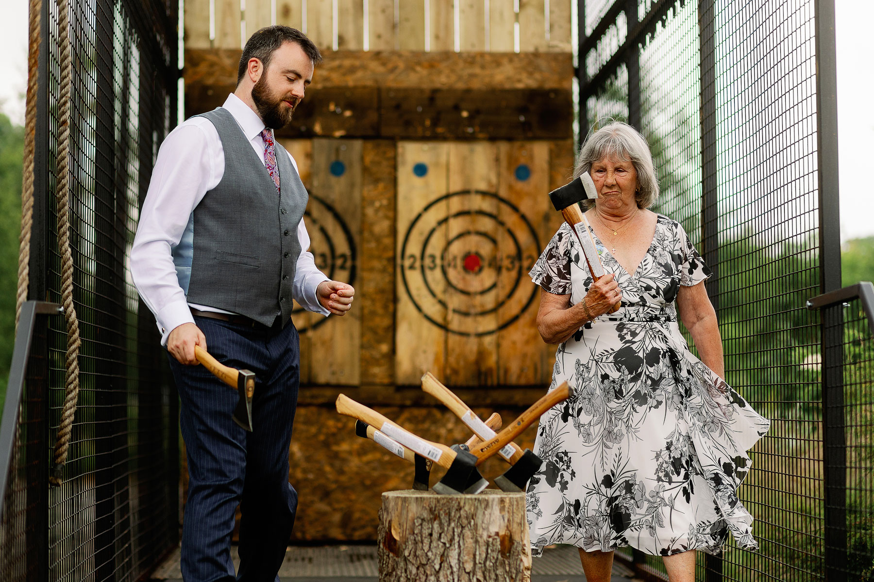axe throwing at a wedding