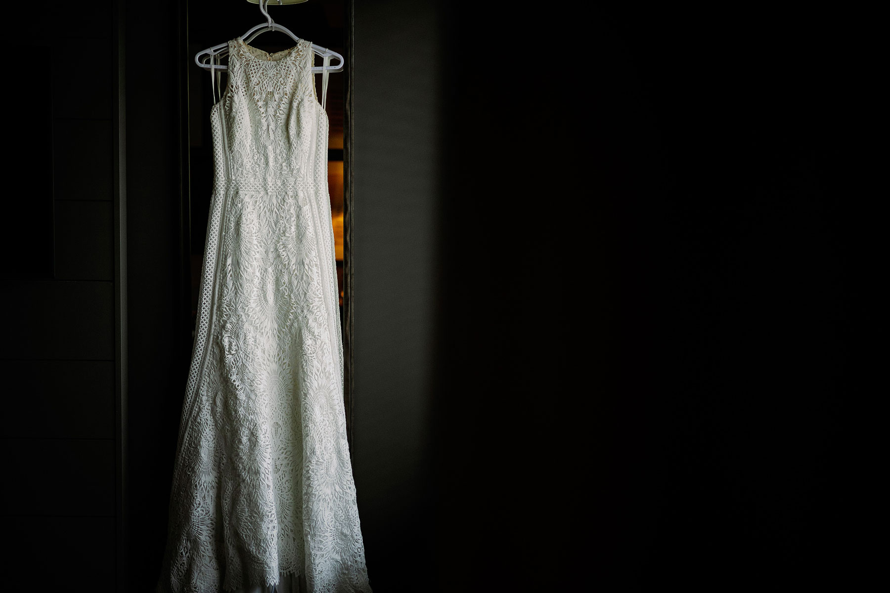 Wedding dress hanging in one of the suites of Dakota in Leeds