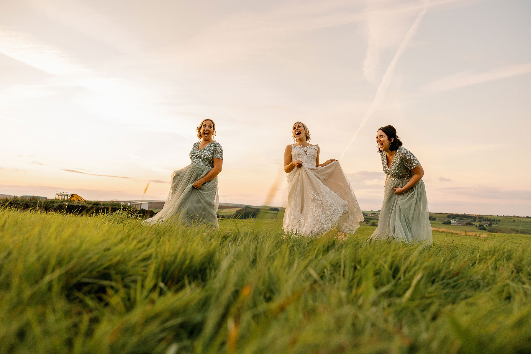 bridesmaids wearing mint in golden hour