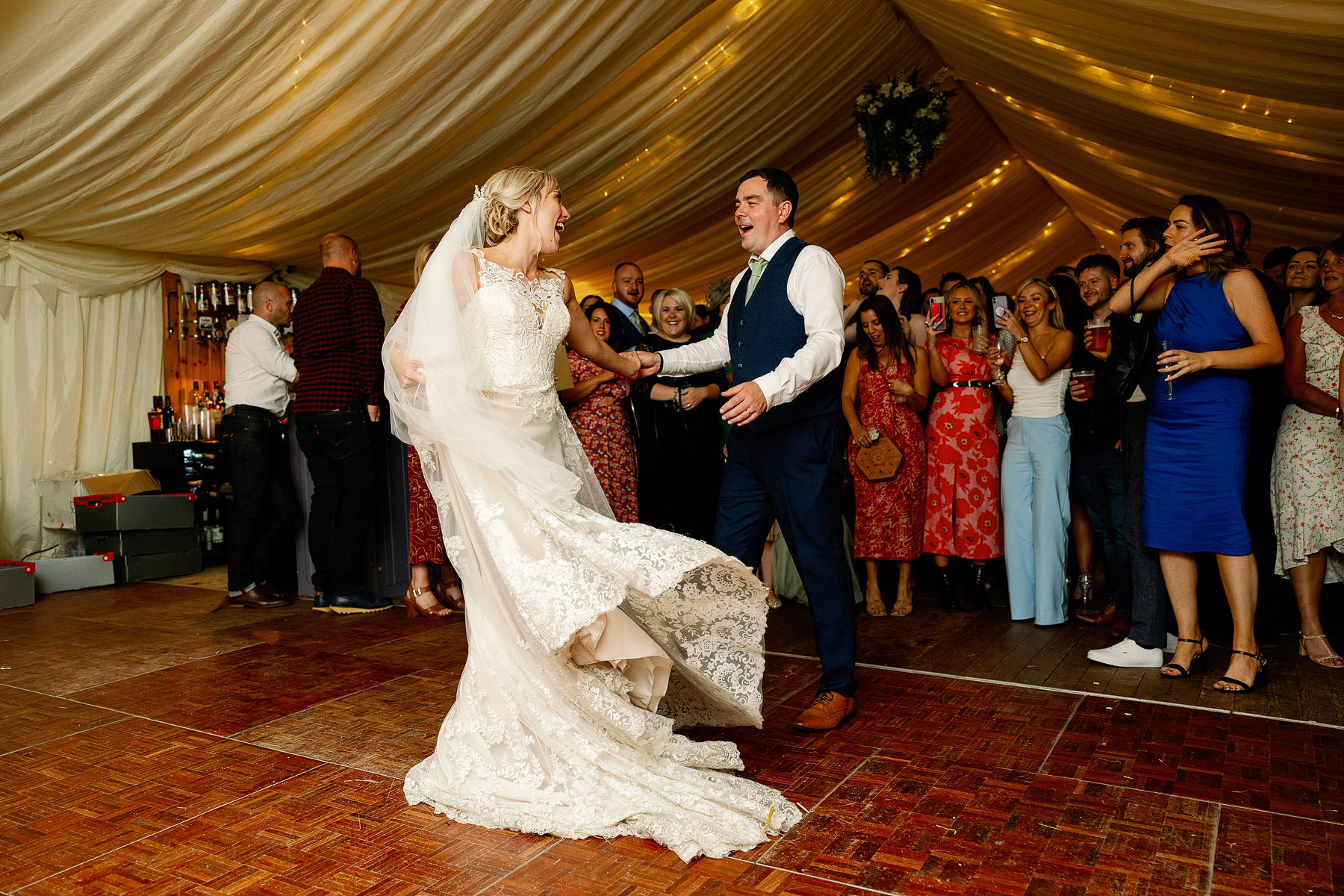 fun wedding dancing in a marquee in yorkshire