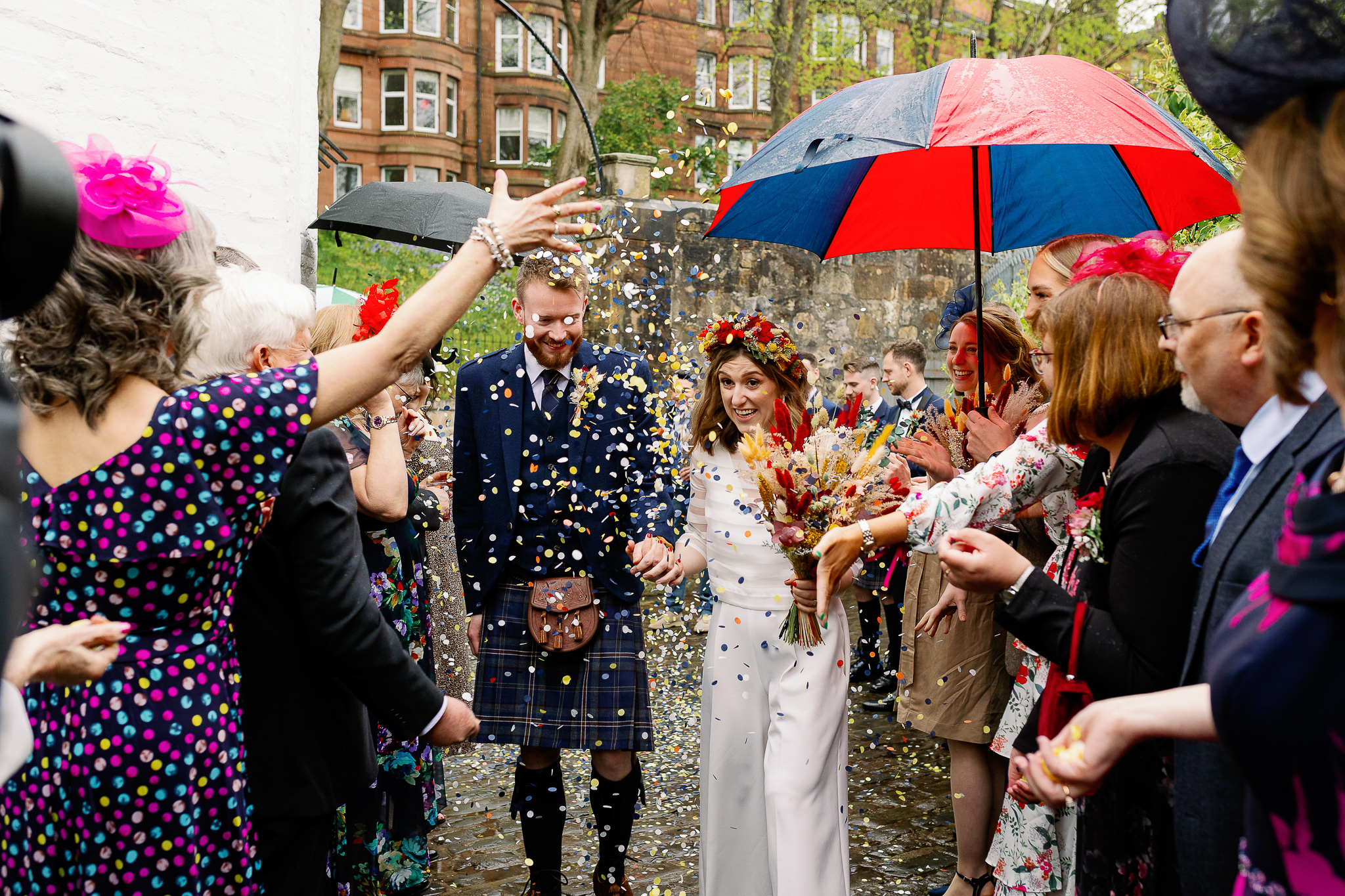 Colourful Wedding Confetti in the rain 