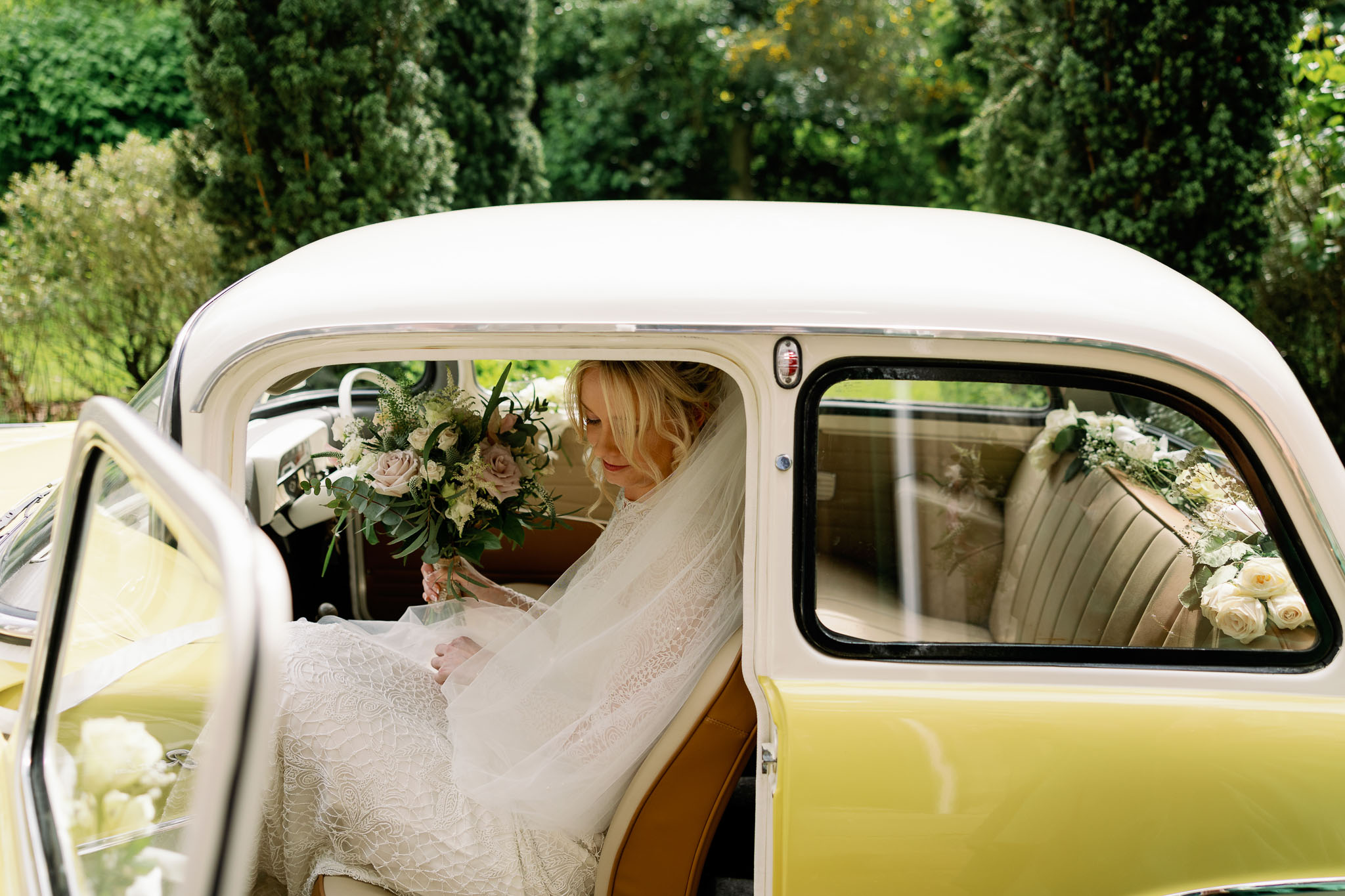 Bride arriving for her outdoor Wedding Ceremony in North Yorkshire 
