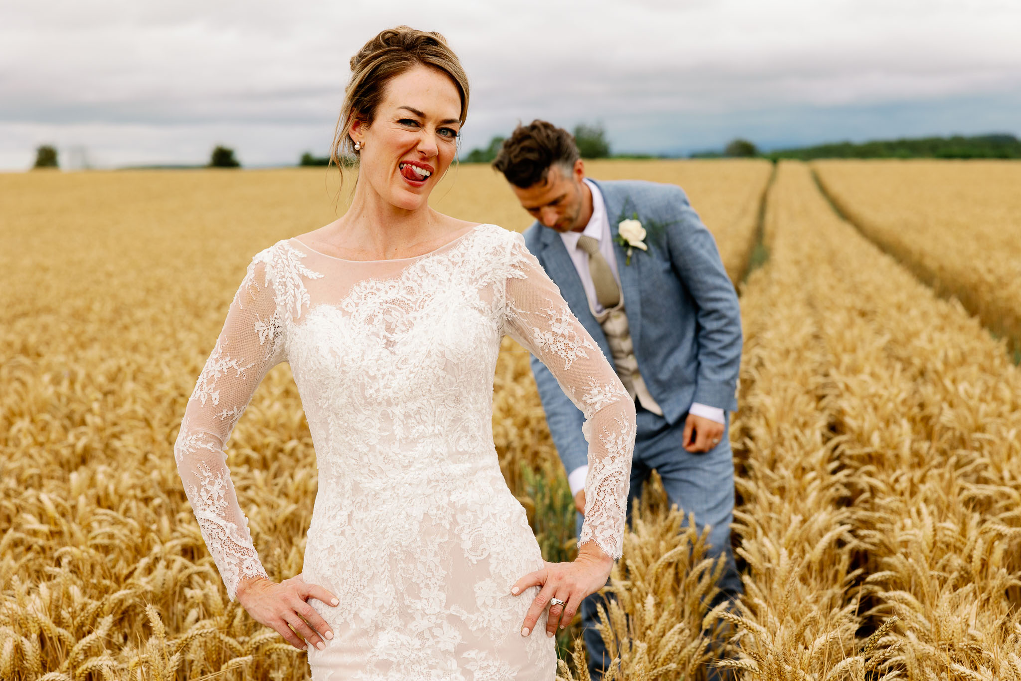 Fun Pictures of a Yorkshire Bride and groom, bride wearing Pronovias and groom wearing blue hugo boss