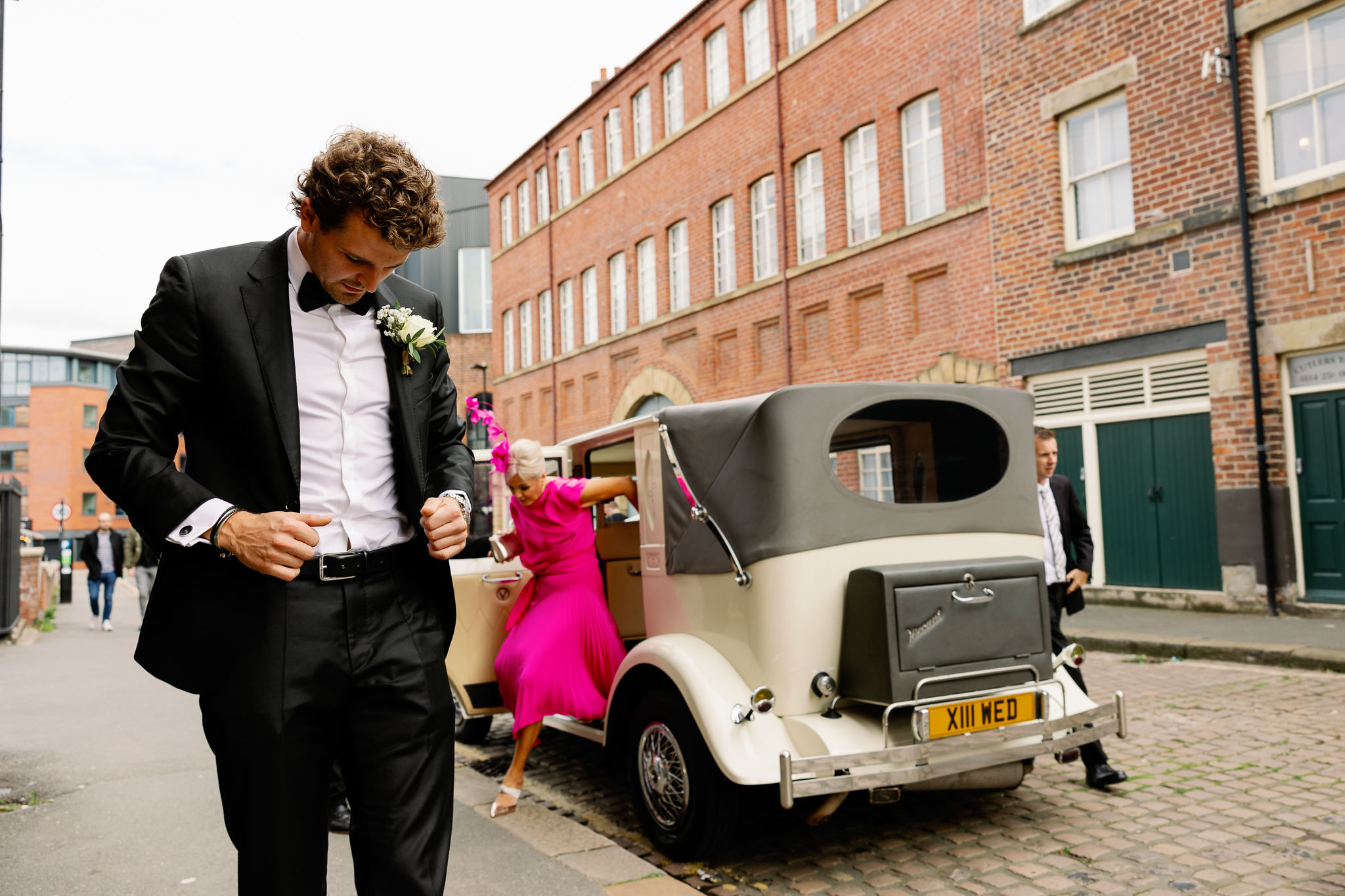 Groom arriving at his wedding venue